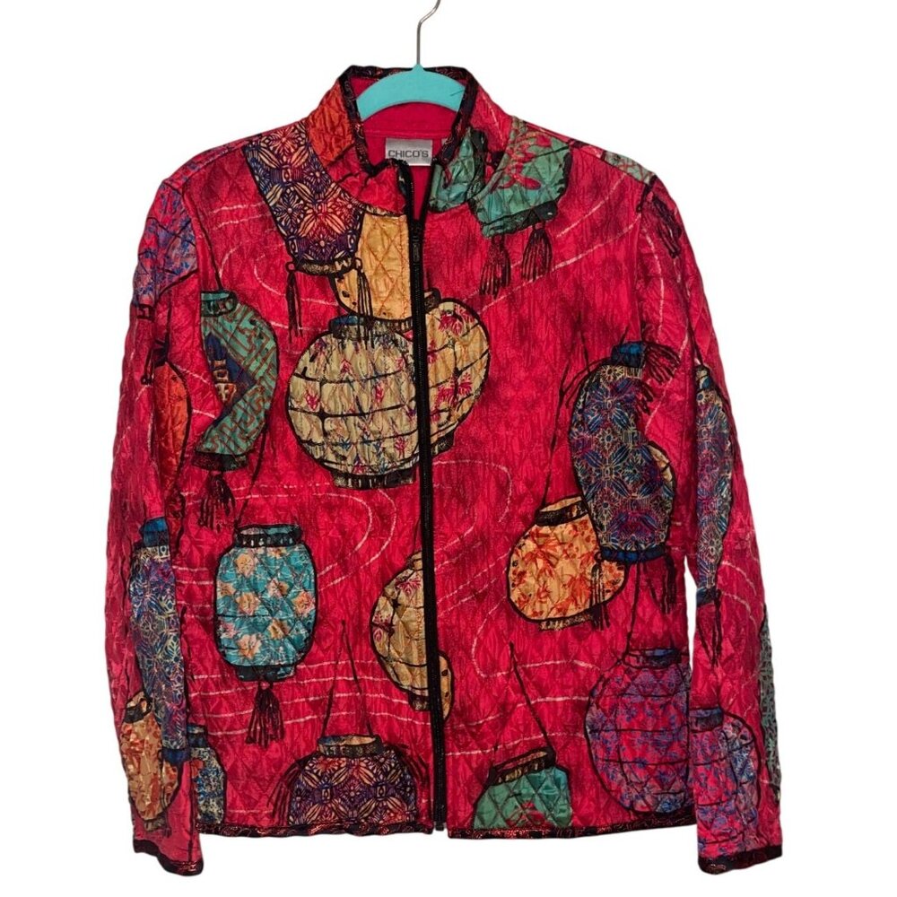 CHICO’S Red Silk Chinese Lantern quilted Zip Up Jacket in Size 1 (M/8)
